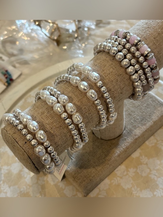 Boutique Jewelry - Silver Pearl Beaded Stretch Bracelet Stack - Lot of 4 stacks Women Jewelry